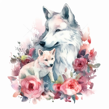 a Arctic wolf mom and her baby with a flower, in the style of colorful ink wash paintings, hyper-realistic animal illustrations, Peonies, Lilies, Roses, Carnations, 2d game art, quadratura, retro style, clipart, isolated on white background,