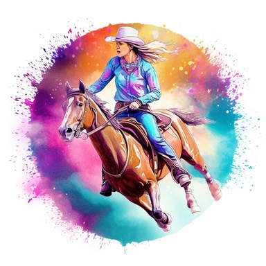 barrel racer illustration, nebular mix background, clipart, photorealistic illustration, watercolor, high detail, 8k polished, 8k, vibrant colors, sticker, majestic, die cut, white background