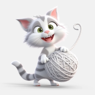 cute white and gray cat frolicking with a ball of yarn. Fairytale Cartoon Art Style, Full Body Image and Appearance, 3D-Designed Character, in style of clipart with no background