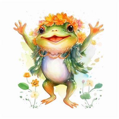 cute frog designs dancing with flowers, in the style of fairycore, surrealistic poses, animation, kawaii, green academia, beatrix potter, watercolor print, white background, watercolor paint, procreate watercolor drawing, Watercolor Sublimation design, realistic cartoon, realistic water based colors, clipart, transparent white background