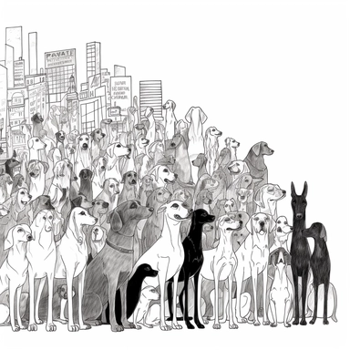 simple one line art of dogs, full din a 4, simple one line art, black and white, body of dogs, picture of a busy scene , poster style, clipart