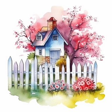 clipart, isolated on white background, beautiful cute Watercolor Spring Cottage - cute little house with fence and chimney, tree and flowers, ornated, vivid and saturated colors