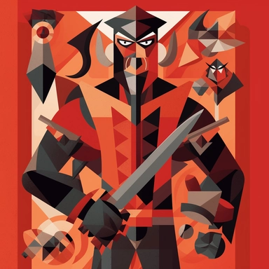 demonic brigand, black and red palette, cubist, dadaist, clipart, wielding a dagger, magazine cutouts, leather armor