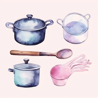 Cooking items art watercolor clipart, minimalist, soft pastel colors 8k, isolated transparent background, 4 times spaced out