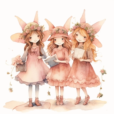 watercolour clipart, separate elements, Embark on a whimsical journey with Bells, Creamy, and Flowery - three young girls who weave wonders and magic from paper. Their artwork flourishes in the enchanting realm of watercolour, where every stroke tells a story. Meet Bells, the sweet and scatterbrained dreamer, with a great sense of humor. She immerses herself in the world of digital design, creating exquisite papers for scrapbook albums. Though she may often forget things, her delicate touch and 
