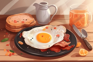 American traditional breakfast with popular products closeup delicious fried egg with bacon and pepper vector hand drawn clipart isolated on background cute illustration concept of meal food