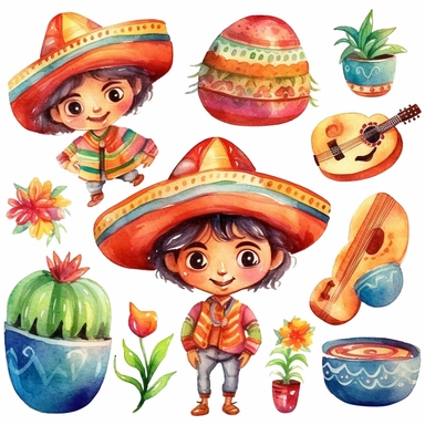 Watercolor cinco de mayo decorations, illustrations clipart set, simple, cinco de mayo colors, cartoon elements, different variants, cinco de mayo mexican hat, fiesta, mexican maracas, cute little boy with traditional mexican dress and hat, cinco de mayo sugar skulls, cinco de mayorose, separate elements with a margin