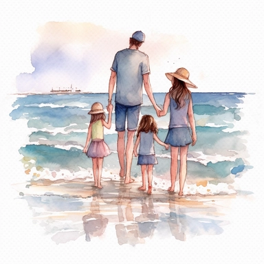 Watercolor: a family at the beach at summer, enjoying the nice weather, full body png realistic cartoon 32k UHD cute 15cm thick outline in black with no shadow on the floor. with illustrations, realistic watercolors, and detailed illustrations Cartoon, PNG clipart, transparent white background
