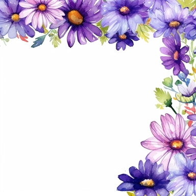 detailed vibrant watercolor rectangle purple daisy flower border with cute border line and with wide middle white space , isolated on white background, realistic, clipart