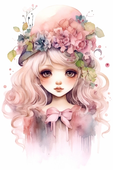 Fairy tale girl with a beautiful innocent pastel kawaii 80s painting. Watercolor clipart