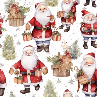 seamless, detailed watercolor, 1 christmas cute santa clipart, 5 fingers, hd, 4k, ultra quality, high quality,