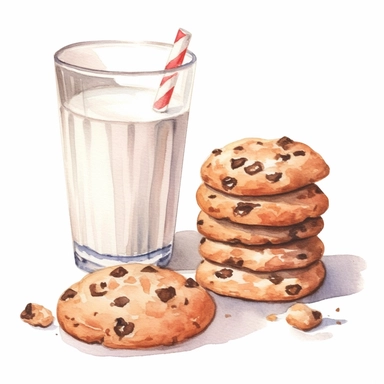 watercolor clipart set, chocolate chip cookies with milk