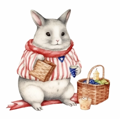 4th Of July cute Chinchilla, watercolor illustration for kids and children, clipart, sublimation, white background