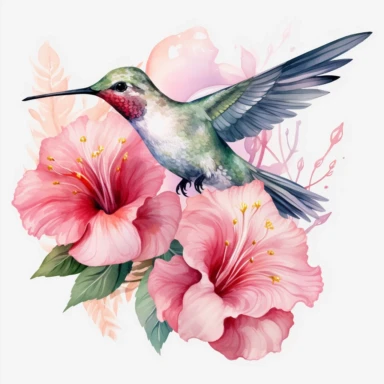 watercolor hummingbird with flower on white background. Clipart