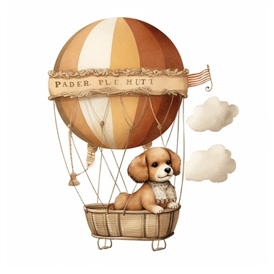 balloon with a basket , Wood dog Pilot Clipart, Aviator Clipart, cute sweet baby animals Illustrations vintage