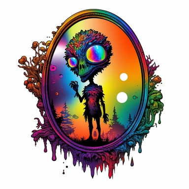 Illustration in boho style, clipart, sublimation drawing Alien in the Looking Glass. Bright colorful colors. White empty background, high quality 8k, quality detail