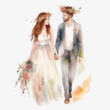 realistic just married couple watercolor clipart single design, 8k