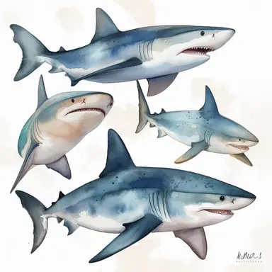 watercolor, Sharks - Sharks come in many different species and sizes, but they are all characterized by their sharp teeth, streamlined bodies, and powerful fins. Some of the most recognizable species include the great white shark and the hammerhead shark. commission for, vividly bold designs png Full body realistic cartoon in 32K UHD cute. 15 cm thick outline. Black color. There was no shadow on the ground. 8k with realistic watercolors and detailed illustrations. PNG clipart, transparent white 