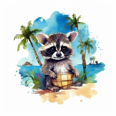 watercolor style, devil raccoon with the beach and the palm trees in the back clipart, isolated on white background, hd
