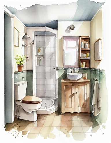 detailed watercolor bathroom, realistic, isolated on white background, clipart