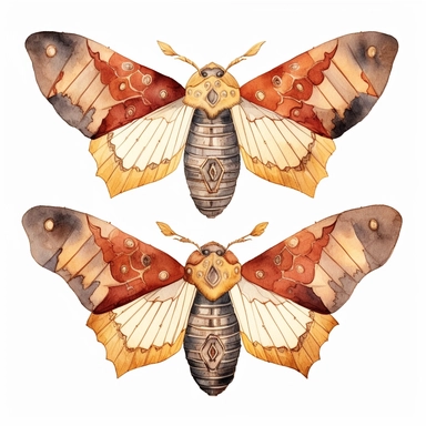 Watercolour Mystical Moth clipart, vector, 8k, ultra quality, insane details, Using warm, earthy tones like deep reds, burnt oranges, and golden yellows to create a cozy and rustic feel, 3 colors only, white background