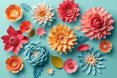 3d render, craft paper flowers, floral clip art set, botanical design elements, bright candy color, isolated on sky blue background vector art illustration