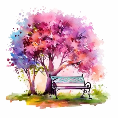 clipart, isolated on white background, Watercolor Spring beautiful ornated metal bench under the tree, flowers and grass and plants, ornated, vivid and vibrant and saturated colors