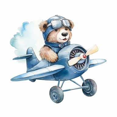 watercolor clipart white background moving living standing blue cartoon plane pilot bear birthday in toy plane flying