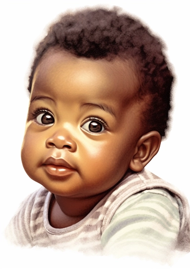 a cute retro vintage African infant baby boy. close-up of his beautiful face. Color pencil sketch, soft baby colors, on a white background for clipart.