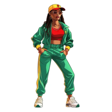 cartoon illustration of a cute black woman, wearing a hat, wearing nike air jordan shoes, wearing a green, yellow and red fly 90s outfit, large hoop earrings, sunglasses, clipart, white background