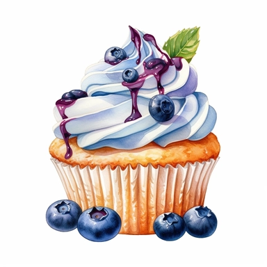 Watercolor Yummy blueberry cup cake clipart, hd, single object, white background, no text watermark