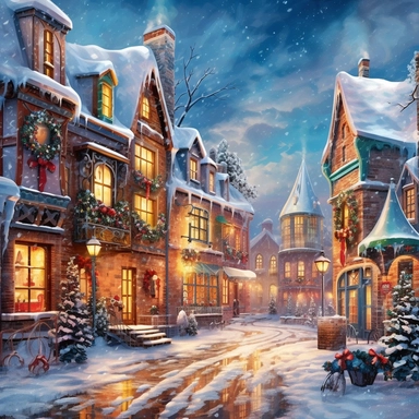 Christmas village, Clip art, magical, enchanting, wreaths, snow-covered streets, Watercolor, colorful buildings, sparkling, charming, detailed, glittery, shiny, twinkling lights, festive, ornate, traditional, whimsical, Michael Powell Style, Unreal Engine 5,8K, white background