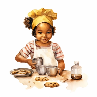 Vintage adorable little black girl dressed as chief making cookies, clipart style, watercolor technique, super high quality, professional watercolor clipart, high resolution