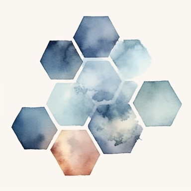 watercolor style, hexagon hive grid, semi-transparent splash in very faded dusty blue hues, etheral, very light, barely visible colors, almost transparent, clipart isolated on white background, 4K