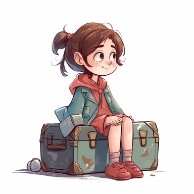 Cute little girl character sitting on a suitcase, no background, kids style, 2D, vector, good quality, Pixar children's book illustration, vector, cartoon character, hand drawing, clipart