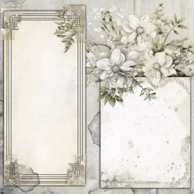 scrapbook paper template, intricate three small bouquets of white floral watercolor clipart on the borders on paper, luxurious textures, nature-inspired pieces, very high resolution