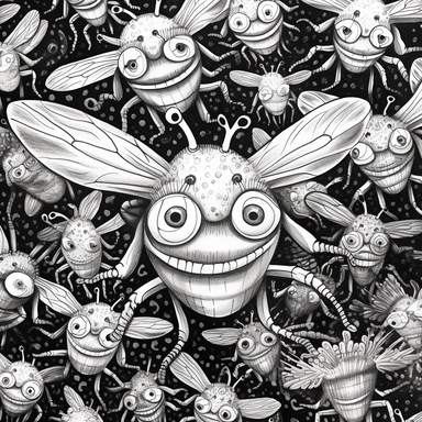 black and white coloring page for adults, lots of flies , in the style of ominous vibe, monochromatic white figures, fine lines, creative commons attribution, wallpaper, childs drawing, animated exuberance, no shading, clipart, white background