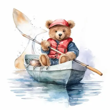 Clipart, watercolor, white background: A teddy bear in a boat, wearing a life jacket and holding a fishing pole, depicting a serene fishing excursion on a calm lake.