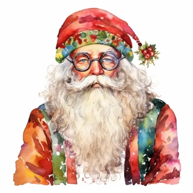 Vintage 1970s Hippie Santa Claus, watercolor clipart