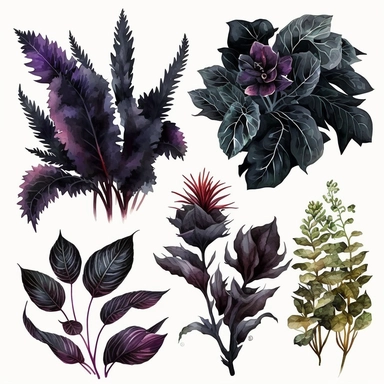 Dark academic plants, white background, watercolor, hyperrealism, high detail, separate elements, set, clipart