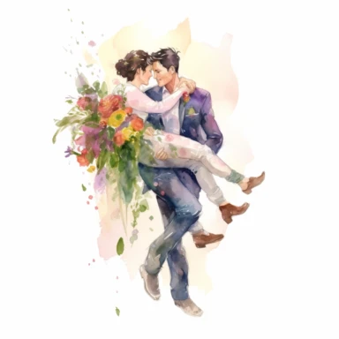 handsome GROOM, carrying his bride across a threshold adorned with flowers, entering their new life together, watercolor, Pixar style, Clipart on a white background