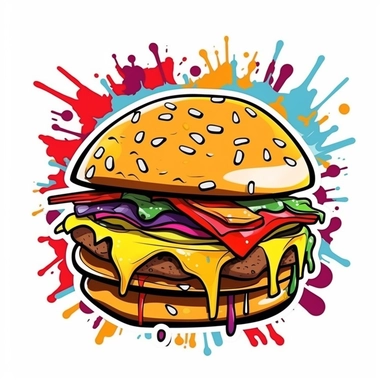 cheeseburger in the style of colorful graffiti, sticker, clipart, vector, contour, colorful splatter paint, white background