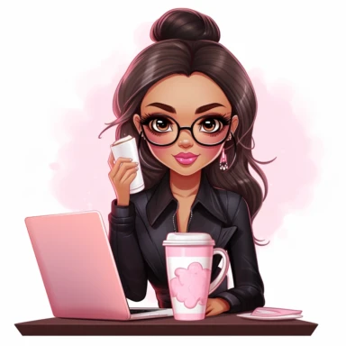 cute boss lady working clipart with pink and black with computer, coffee