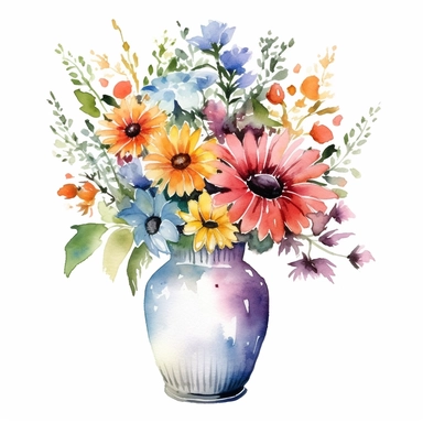 unique artistic vase with beutiful flowers clipart in watercolor white background