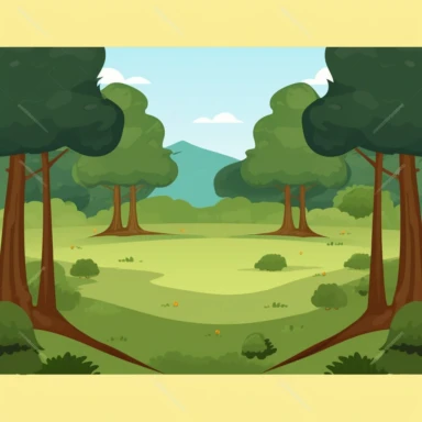 cartoon, childrens book illustration, clip art, simplistic flat art vector image of a forest landscape, an open area surrounded by trees