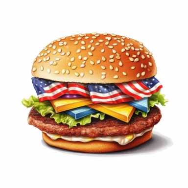 4th of July hamburgers clipart, USA flag, Cartoon, hyper realistic, intricate detail, illustration style,high solution, on the white background