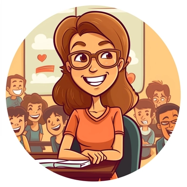 cartoon clip art of smiling female teacher at the front of the classroom, sticker
