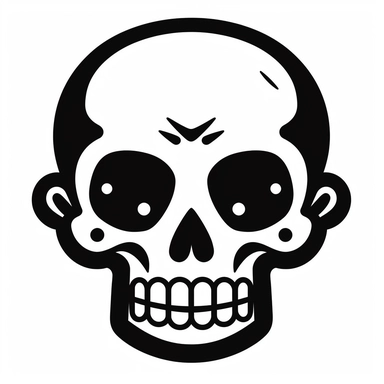 black and white silhouette of a friendly cartoon skull, clipart style, white background, thick lines, vector, simple design, flat colour, solid colour