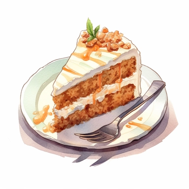 carrot cake on the plate, loocks yummy, silver spoon, watercolor-style, soft pastel, cinematic, romantic, detailed, illustration, white background, clipart, no watermark, no logo, no text,