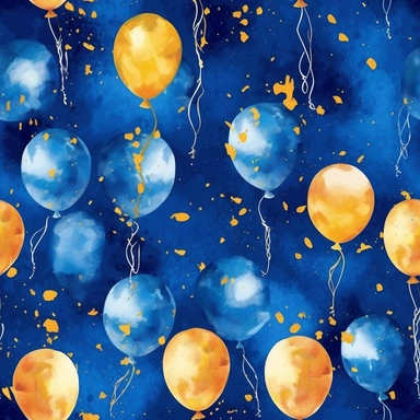 watercolor style birthday balloons bright colors blue royal blue gold high detail deep blue background clipart seamless tile